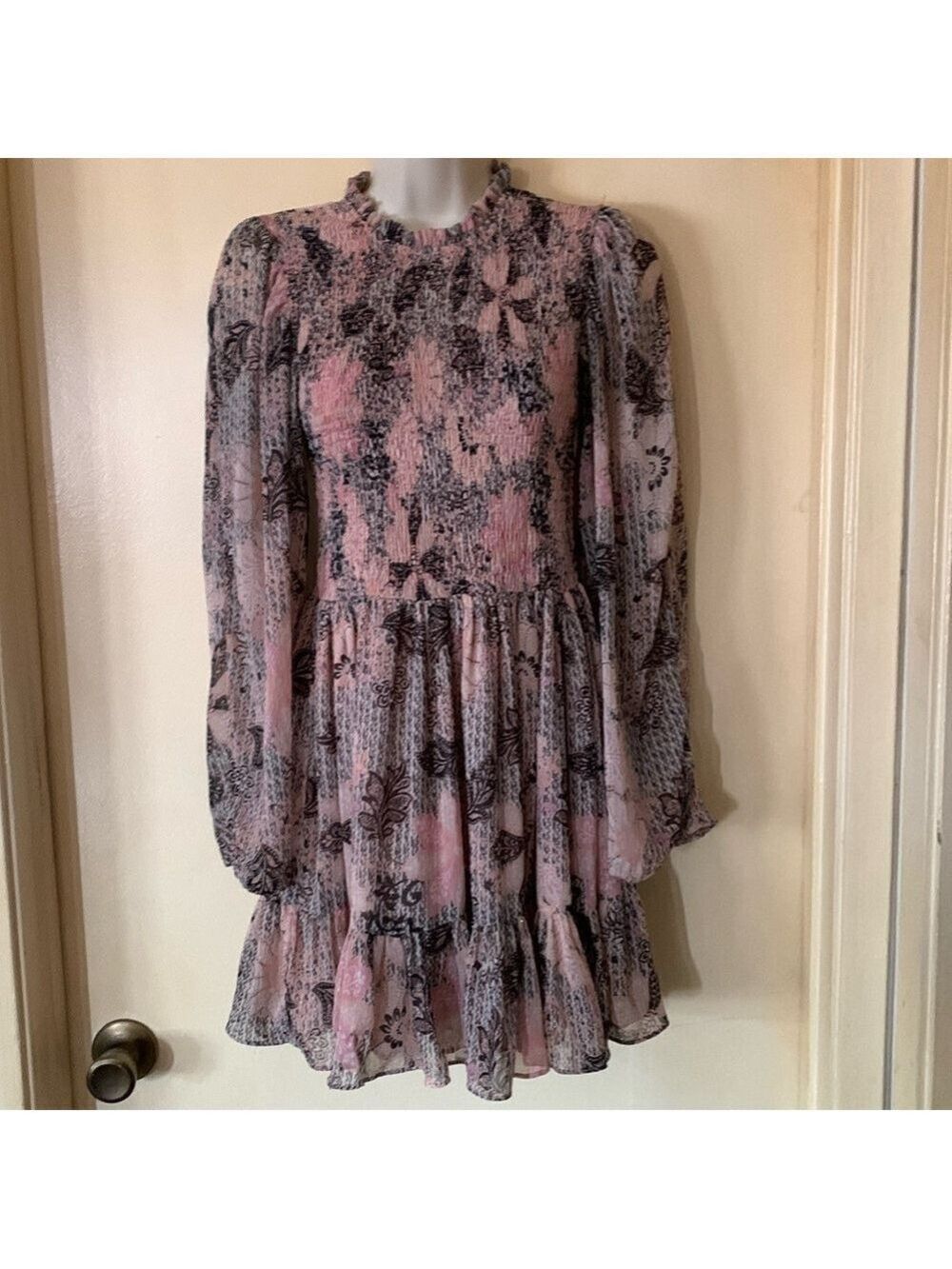 Olivaceous pink and black smocked mini dress size S
